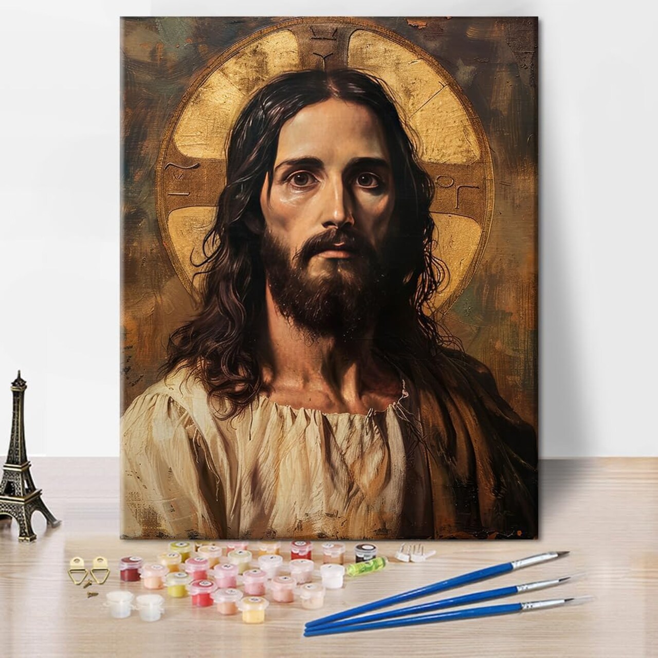 Cross Paint by Number, Jesus Christ Paint-by-Number Kits, Portrait of Jesus Christ on an Old Wooden DIY Oil Painting with Brushes and Pigment, Paint by Numbers, 16x20 Inch